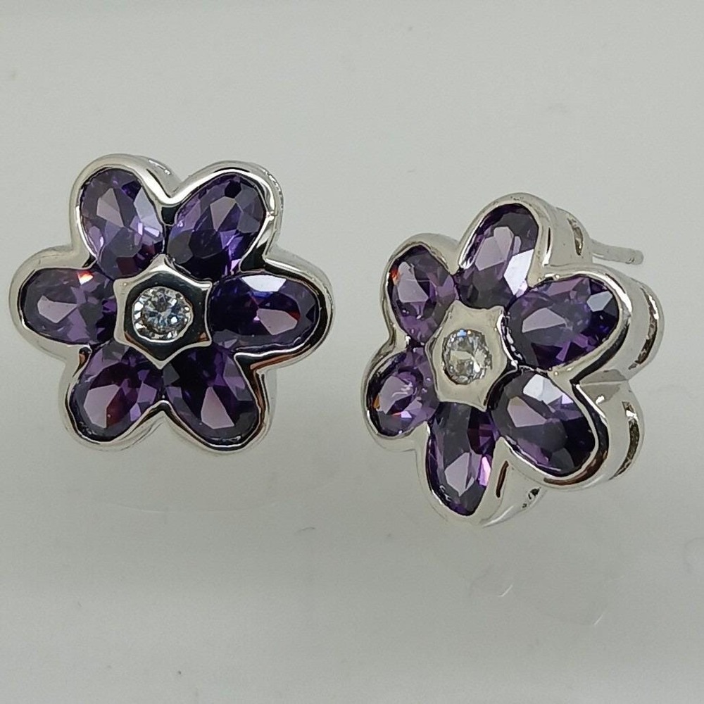 Vintage 1990s Purple Flower Stud Earrings Cubic Zirconia Silver Tone Sim Diamond - Picture 17 of 17